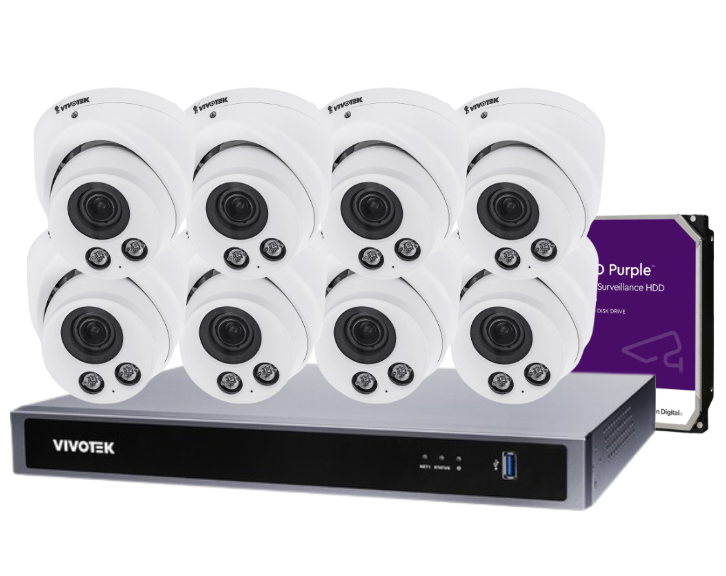 VIVOTEK IT9388-HT 8-Camera 5 MP Turret Dome CCTV Kit with ND9326P 8-Channel Core+ AI PoE NVR + HDD