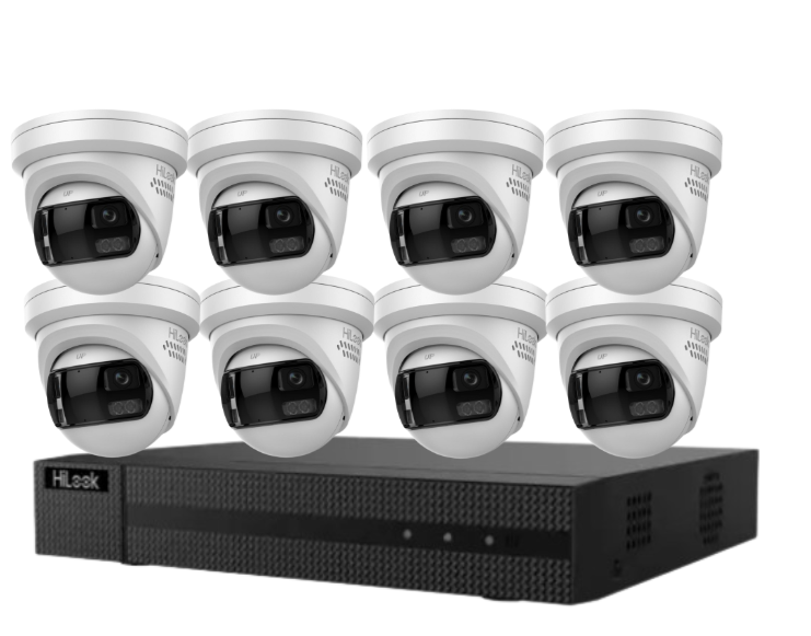 HiLook 8-Channel CCTV Kit with IPC-T289PH-MU/SL 8MP 180° Panoramic Cameras + 4K PoE NVR + HDD – Outdoor IP67 Surveillance System with Smart IR, Two-Way Audio & Active Deterrence