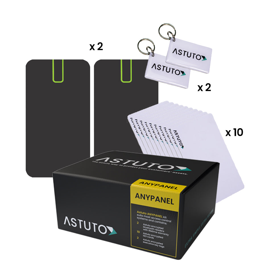 ASTUTO Starter Kit – Universal Panel-Compatible Kit with 2 Mini Readers, 10 ISO Cards & 2 Premium Geltags
