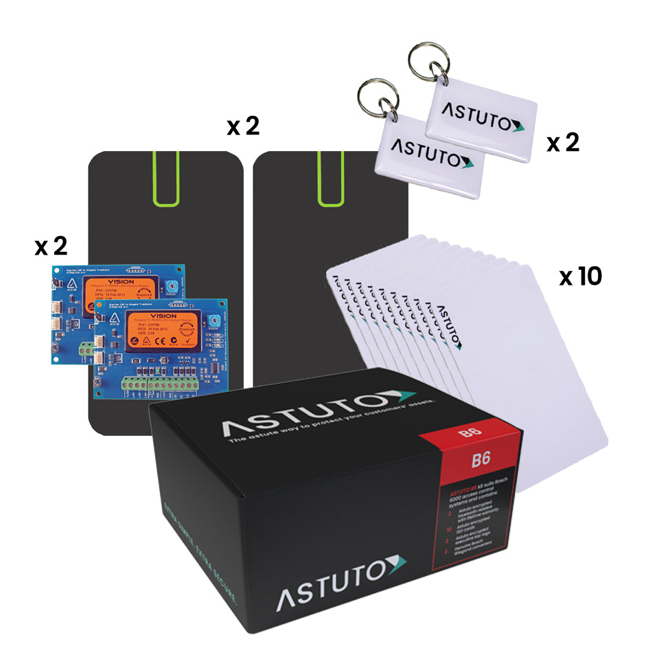 Astuto B6 Starter Kit for Bosch 6000 Systems – Includes 2 Mini Encrypted Bluetooth Readers, 2 Wiegand Converters, 10 ISO Smart Cards, 2 Premium GelTags | SKU: ASTB6KIT