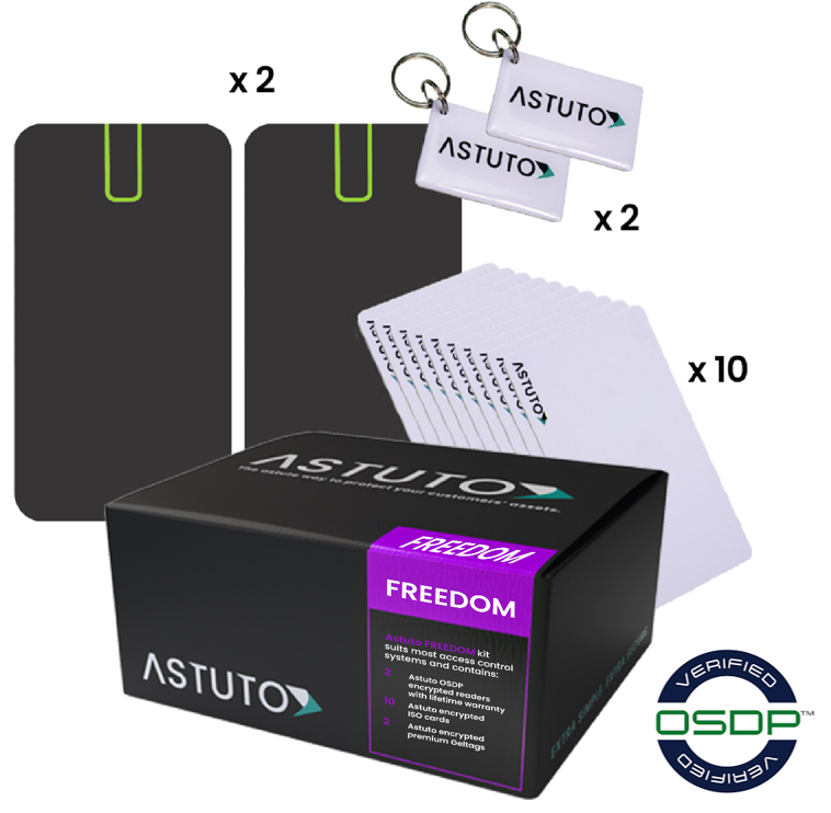 ASTUTO FREEDOM Kit – OSDP-Compatible Secure Access Control Solution | Includes 2x SIA-Certified Readers, 10x ISO Smart Cards, 2x Executive Gel Tags | ASTFREEDOMKIT