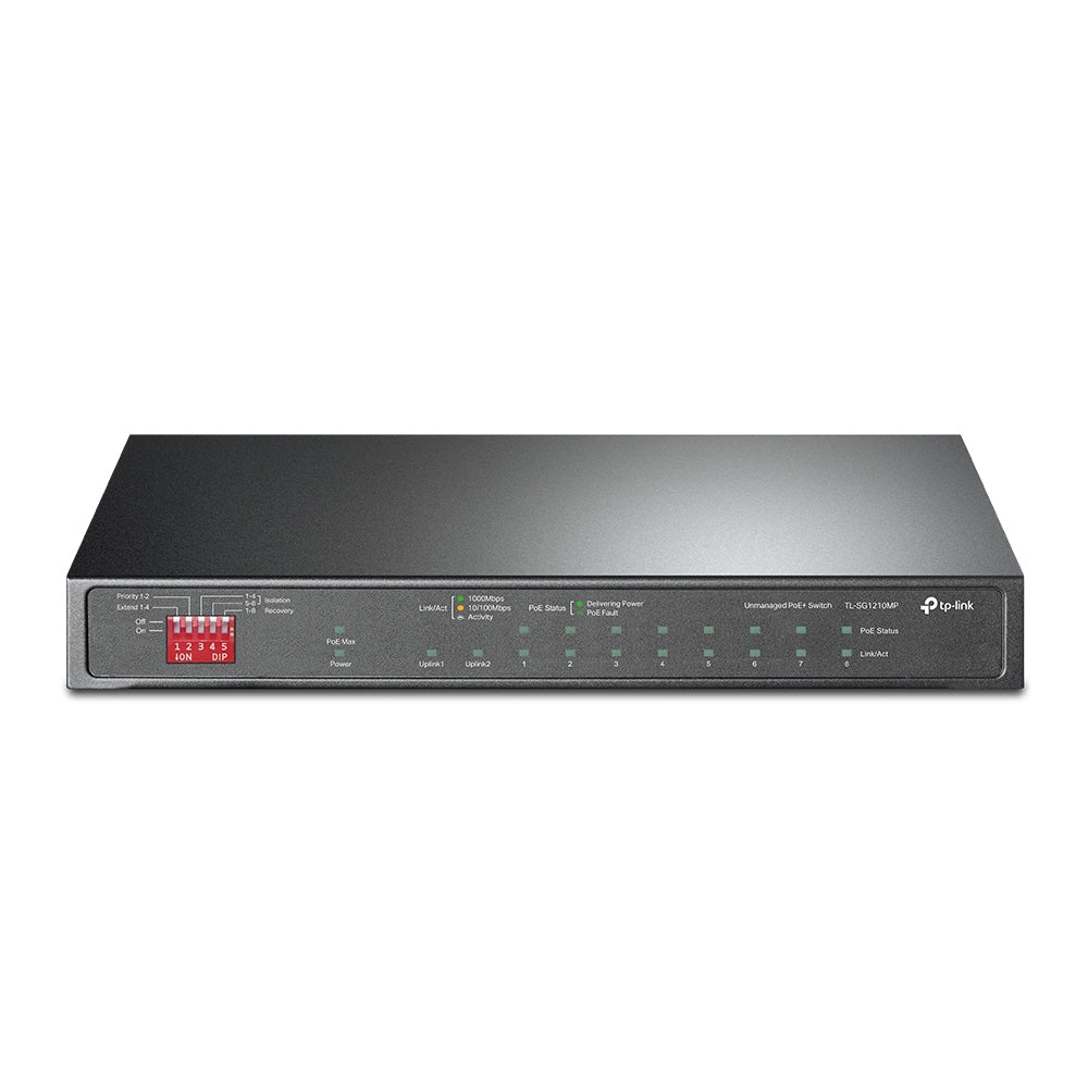 TP-Link TL-SG1210MP 10-Port Gigabit Desktop Switch with 8 PoE+ Ports, 123W Power Budget, Combo SFP, Extend & Isolation Modes – Silent Fanless Design for SMB and Surveillance
