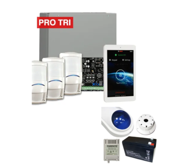 Bosch Solution 4000 Alarm Kit with ICP-SOL4-P Panel, IUI-SOL-TS7 7" Touchscreen Keypad, 3x ISC-PDL1-W18G Tri-Tech Detectors & Siren Kit – K4000-3PROTRI-TS7