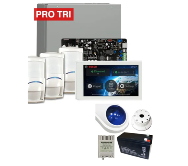 Bosch Solution 4000 Alarm Kit with ICP-SOL4-P Panel, IUI-SOL-TS5 5" Touchscreen Keypad, 3x ISC-PDL1-W18G Tri-Tech Detectors & Siren Kit – K4000-3PROTRI-TS5