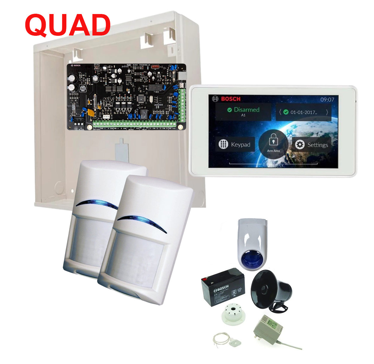 BOSCH, Solution 2000, Alarm kit, ICP-SOL2-P panel, 5" Touchscreen keypad, 2x QUAD PIR detectors