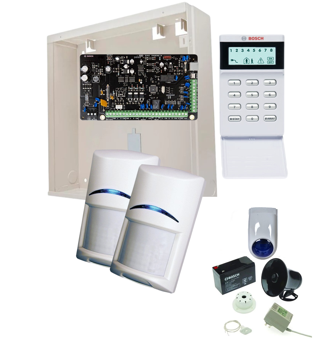 BOSCH, Solution 2000, Alarm kit, Includes ICP-SOL2-P panel, IUI-SOL-ICON LCD keypad, 2x ISC-BPQ2-W12 Quad PIR detectors