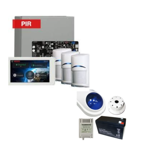 Bosch Solution 4000 Alarm Kit with ICP-SOL4-P Panel, IUI-SOL-TS5 Touchscreen Keypad, 3x ISC-BPR2-W12 PIR Detectors & Siren Kit – K4000-3PIR-TS