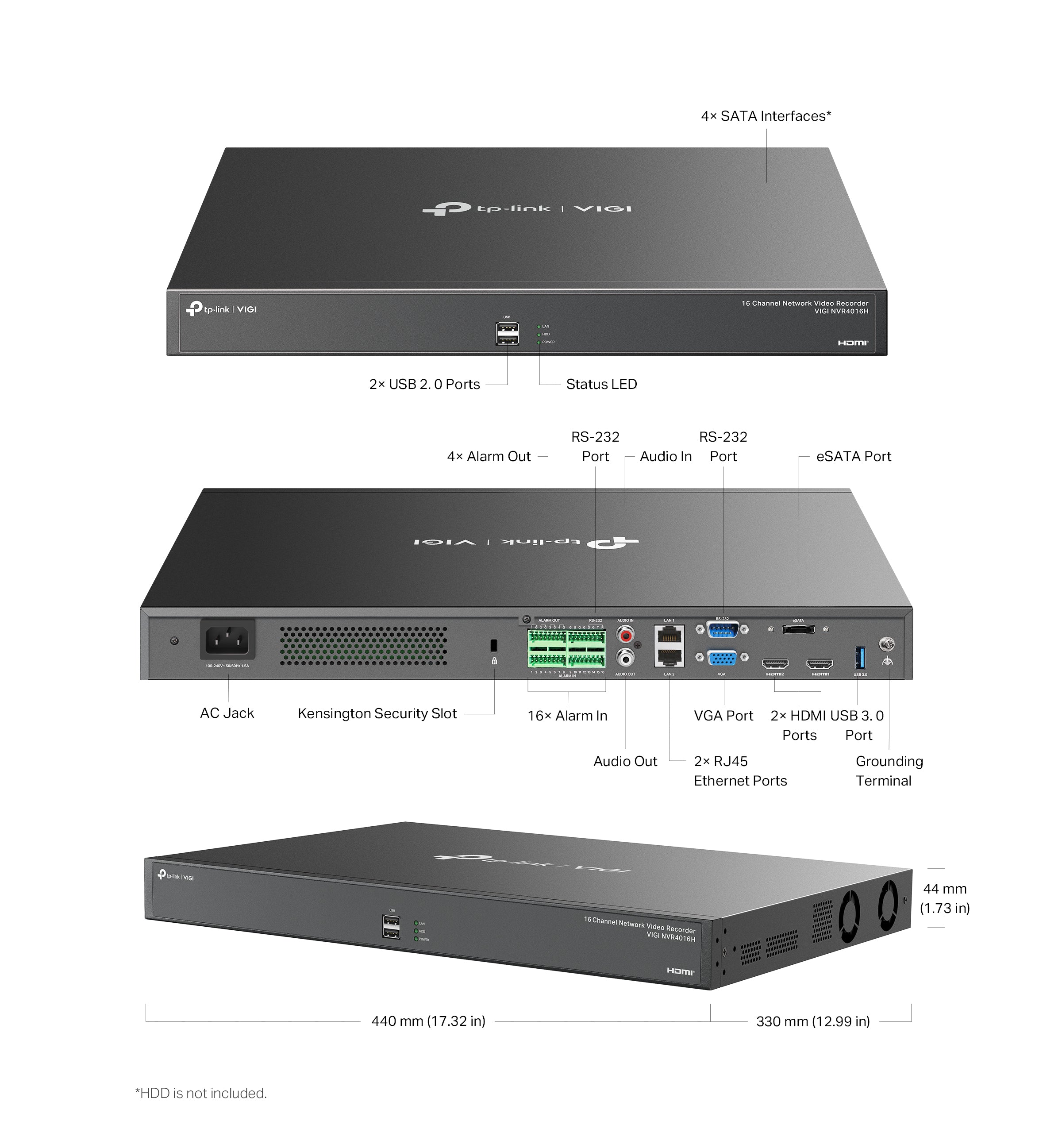 TP-Link VIGI NVR4016H | 16‑Channel 4K Network Video Recorder, Dual HDMI Output, H.265+ Compression, 4× SATA (Up to 16 TB Each) non PoE