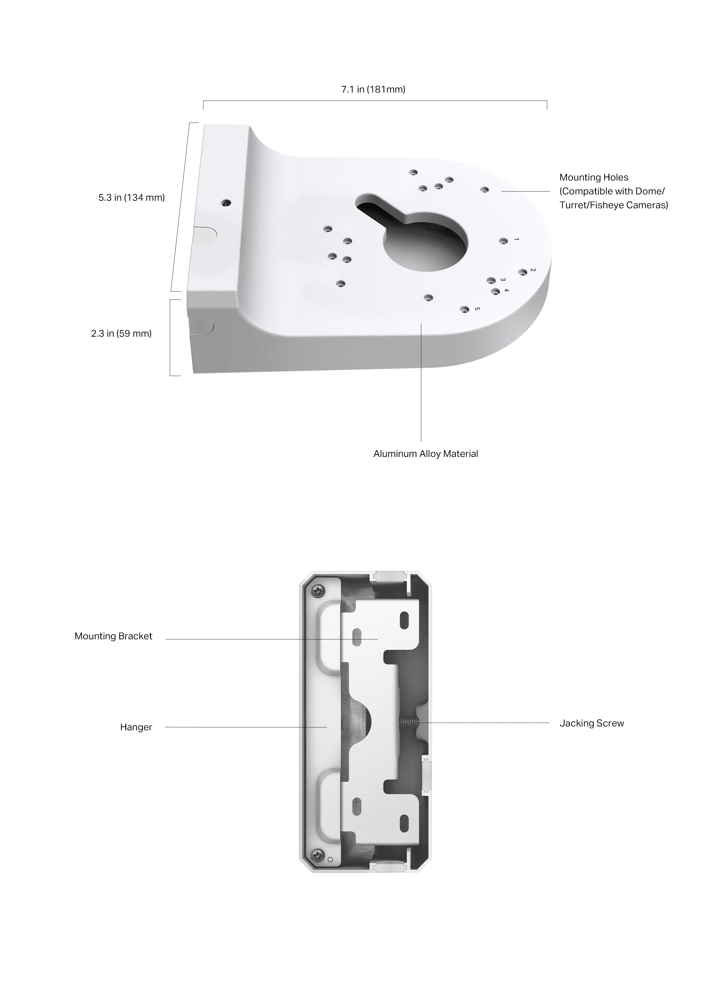 TP-Link VIGI network camera junction box in aluminum for wall mounting dome, turret, and fisheye CCTV cameras.