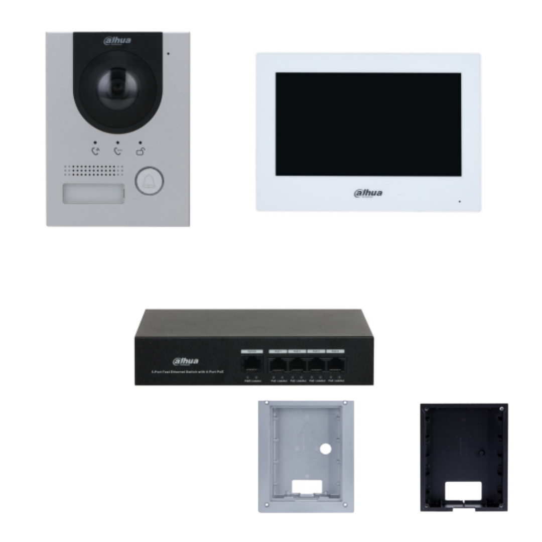 Dahua DHI‑KTP01L‑AUS(Flush) IP Villa Video Intercom Flush Mount Kit, Outdoor Station + 7″ Indoor Monitor + PoE Switch, IP65 Smart Access Control & Two‑Way Audio