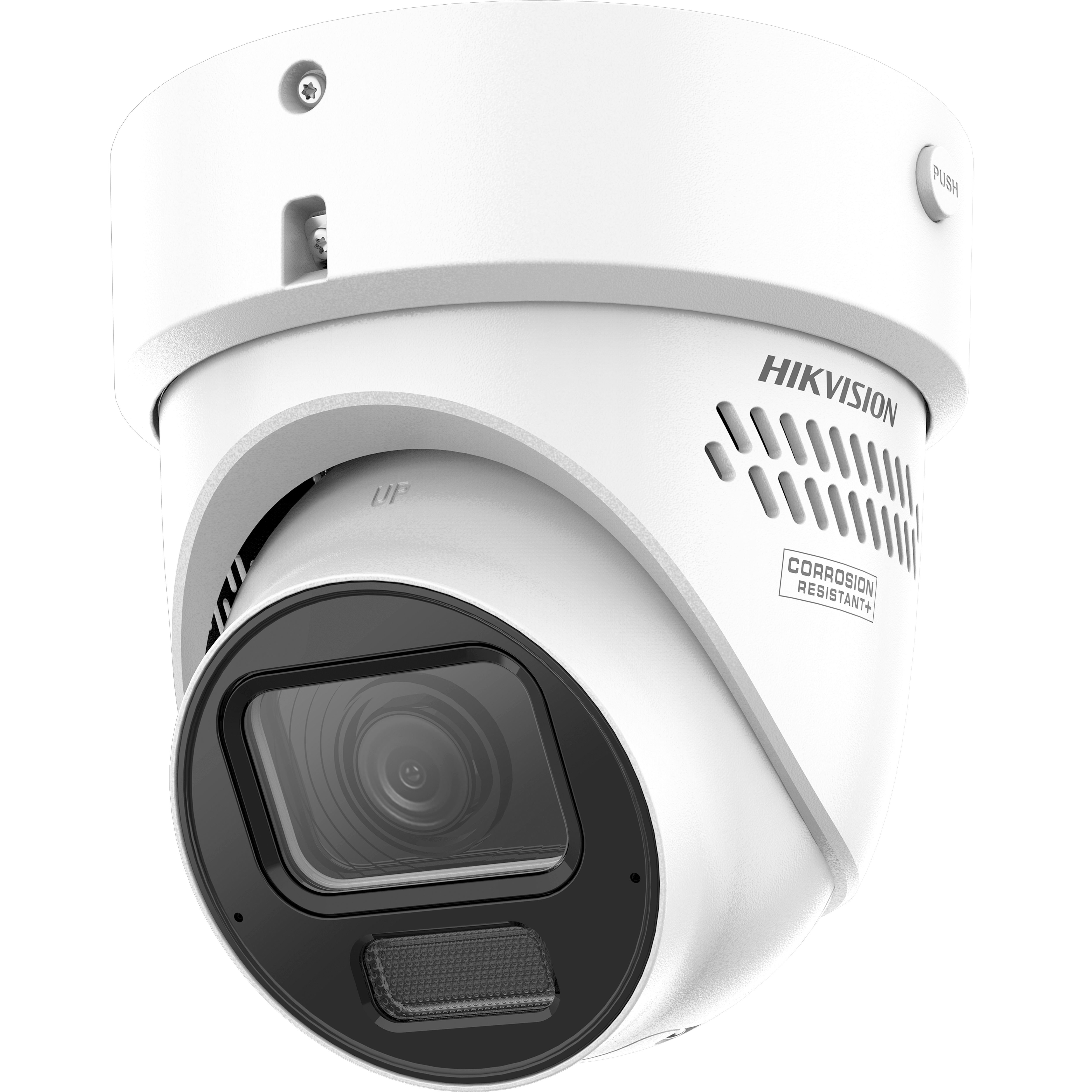 Hikvision DS-2CD3H87G3-LIZSUY/SL 8MP motorized varifocal turret CCTV camera with DarkFighter, two-way audio, IP67, IK10.