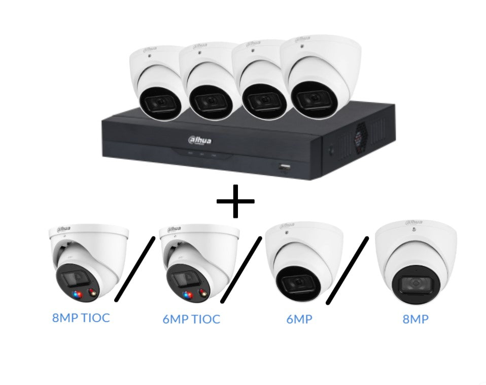 Dahua 6MP/8MP upto 8-Camera Security Kit with 8CH AI NVR – Standard and TIOC Advanced 3.0, PoE, Starlight, Two-Way Audio