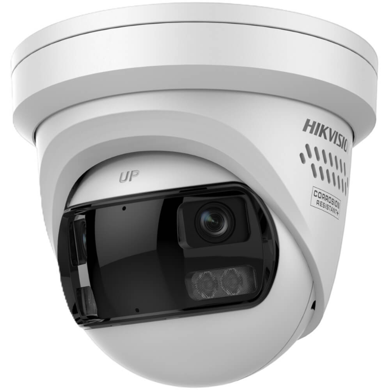 Hikvision DS-2CD2387G3P-LIS2UY/S 8MP panoramic color CCTV camera with fixed turret, AI, smart hybrid light, and active deterrence.