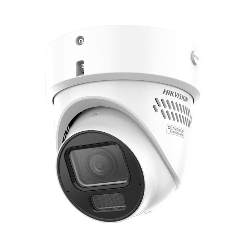 Hikvision DS-2CD3H66G3-LIZSU 6MP motorized turret CCTV camera with dual illumination, two-way audio, AI detection, IP67, and IK10.