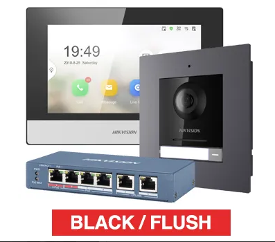 HIKVISION IP Intercom Kit Includes (1x DS-KH6320-WTE1 7" room station, 1x DS-KD8003-IME1 door station module, 1x DS-KD-ACF1/PLASTIC flush mount backbox/frame & 1x DS-3E0106HP-E POE switch)