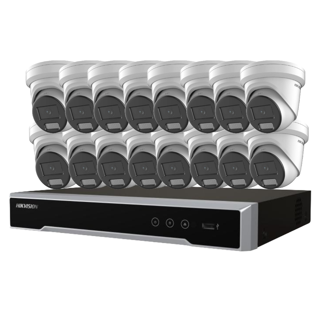 Hikvision 16x 6MP Darkfighter AcuSense Turret Camera Kit with 16-Channel 8K PoE NVR | DS‑2CD2366G2H‑I(U) + DS‑7616NI‑M2/16P with optional HDD