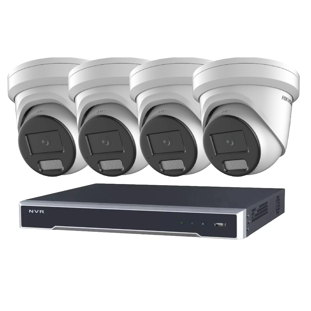 Hikvision 4 Channel 8MP AcuSense CCTV Kit – DS-7604NI-M1/4P 8K NVR + up to 4× DS-2CD2386G2H-IU Turret Cameras with PoE & AI Analytics
