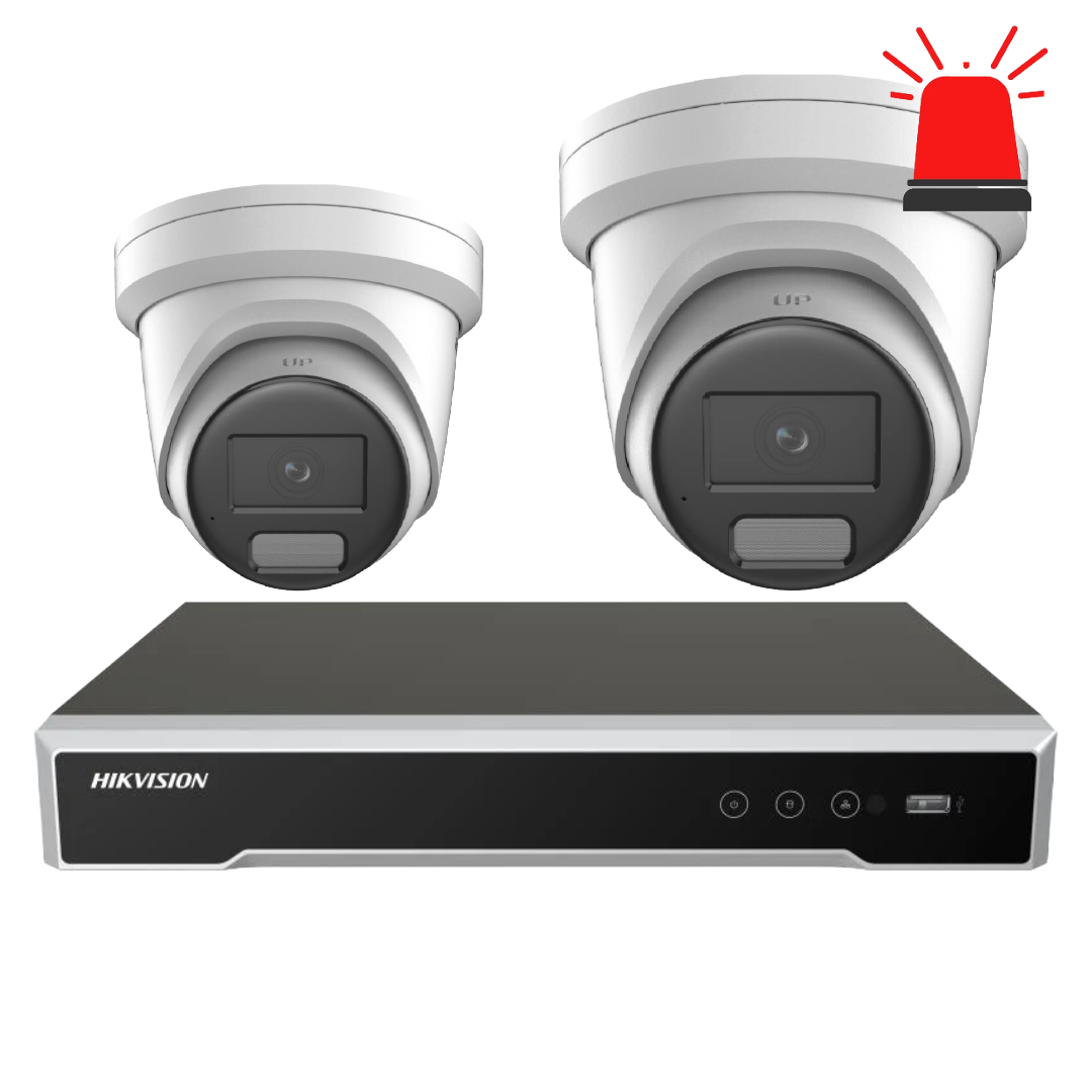 Hikvision 4-camera 6MP AI CCTV security kit with DarkFighter turret cameras and NVR for active deterrence and surveillance.
