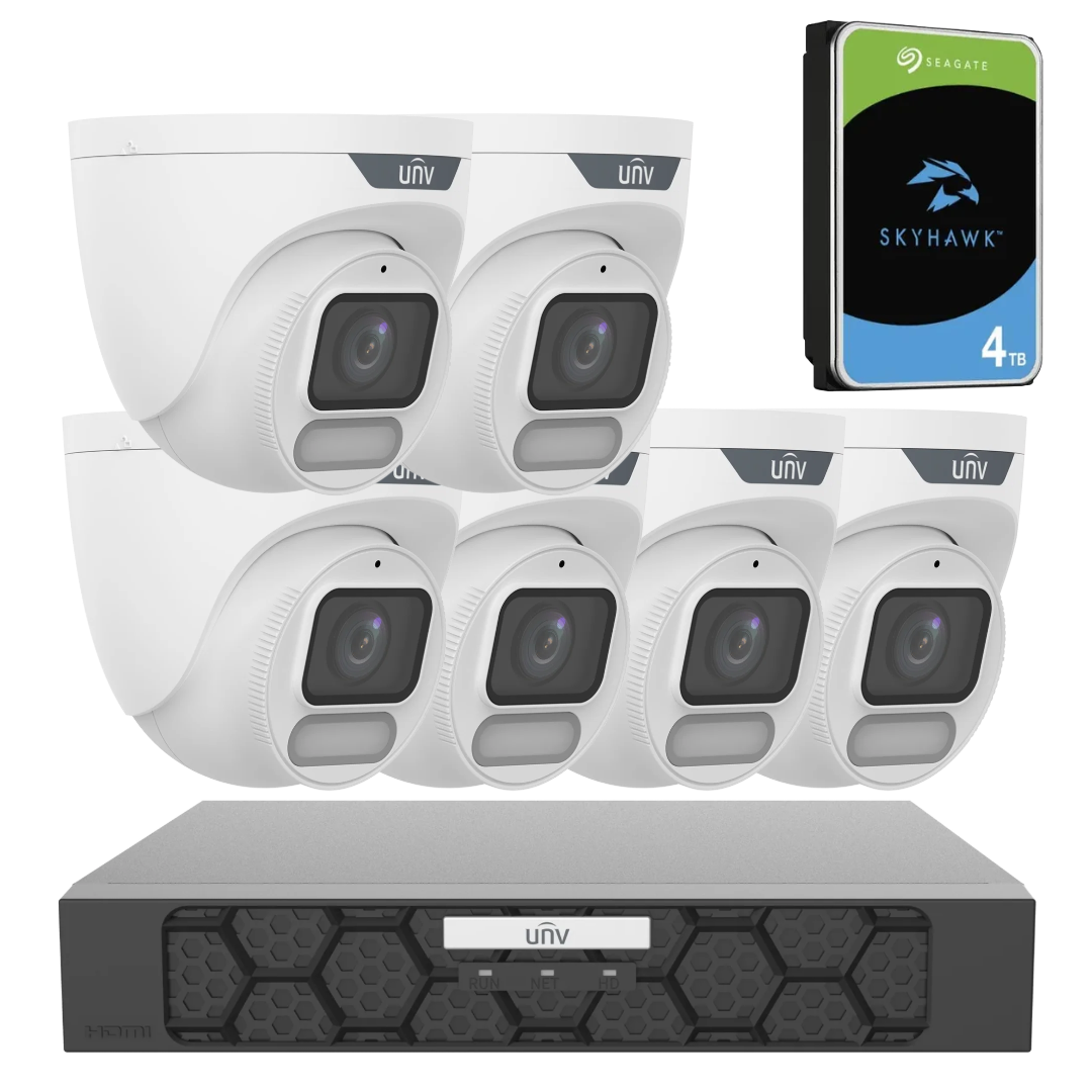 Uniview OwlView 6MP CCTV IP camera surveillance kit with 6 cameras and HDD storage, designed for 8-channel security monitoring.
