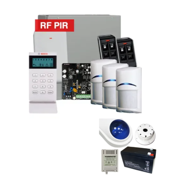 Bosch Solution 4000 Wireless Alarm Kit – 32-Zone Security System with ICP-SOL4-P Panel, 3x RFPR-12 PIR Sensors, LCD Keypad, B810 Receiver, RFKF-FB Remotes – K4000-3WPIR-PREM