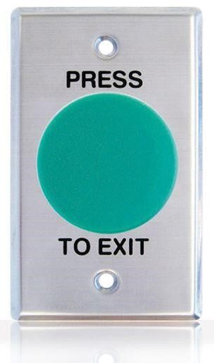 SMART Push Button Green Mushroom Head on Curved Edge Standard Stainless Steel Plate with "Press to Exit" Engraved in Black (IP65, SPDT Momentary)