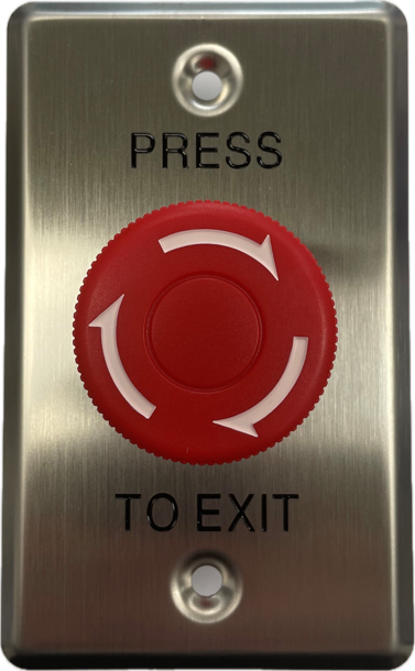 SMART Twist-to-Release Button with Red Mushroom Head on Curved Edge Stainless Steel Plate, "Press to Exit" Engraved (Latching)