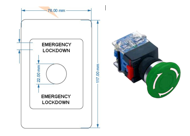 SMART Twist-to-Release Button Green Mushroom Head with "Emergency Lockdown" Engraved on Standard Plastic Plate (Latching)