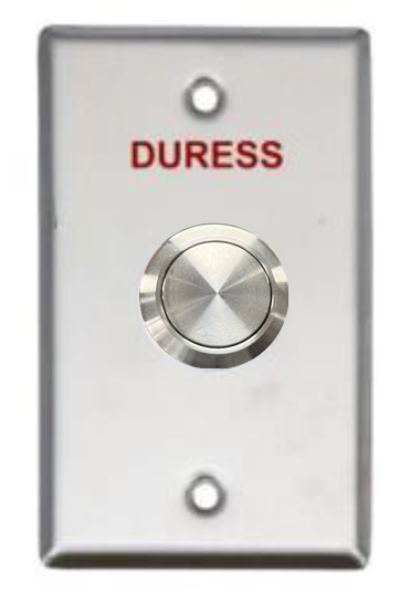 SMART Push Button Stainless Steel on Curved Standard Stainless Steel Plate with "Duress" Engraved in Red (IP65, SPDT Momentary)