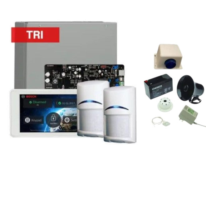 BOSCH, Solution 2000 Tritech Alarm kit Includes ICP-SOL2-P panel, 5" Touchscreen keypad, 2x ISC-BDL2-WP12G Tritech detectors + Siren kit