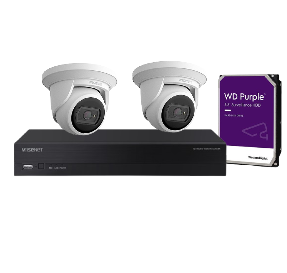 WISENET A Series 2X Camera Kit CT-ARN-410S Hanwha Vision 4CH 8MP H.265 AI NVR CT-ANE-L7012R Hanwha Vision 4MP H.265 NW IR Flateye Camera CCTV Kit