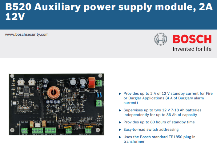 Bosch B520 Auxiliary Power Supply Module – 12V DC, 2A for Solution 4000 and Compatible Bosch Security Panels