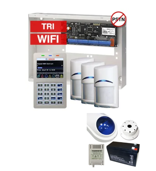 BOSCH Solution 6000 Alarm Kit – CC615PB IP Panel + CP737B WiFi Prox LCD Keypad + 3x Tritech Motion Detectors + Siren Kit – K6000-IPW-3TRI