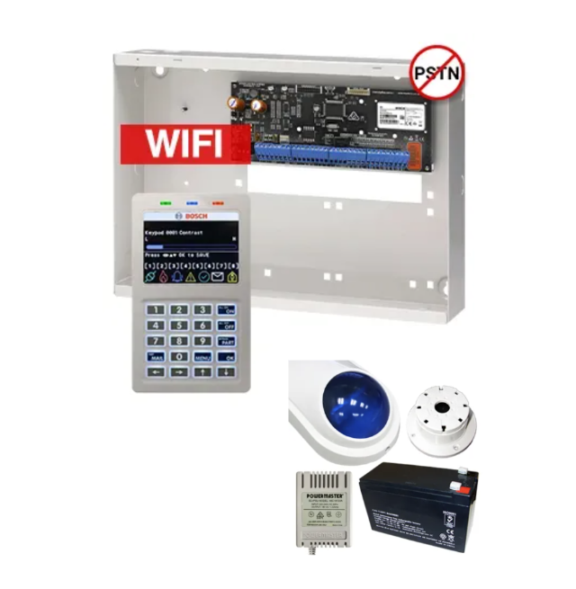 BOSCH Solution 6000 Alarm Kit – CC615PB IP Panel + CP737B WiFi Prox LCD Keypad + Metal Cabinet + Siren Kit – K6000-IPW-ND