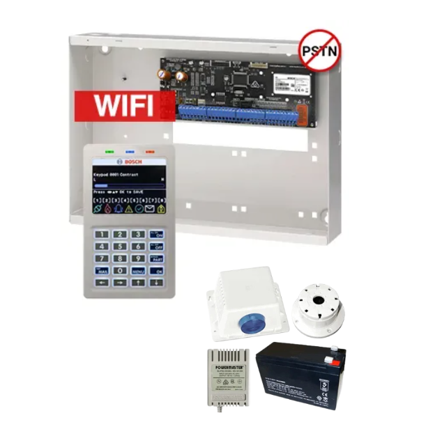 BOSCH Solution 6000 Alarm Kit – CC615PB IP Panel + CP737B WiFi Prox LCD Keypad + Metal Cabinet + Siren Kit – K6000-IPW-ND