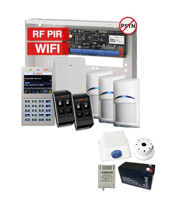 BOSCH Solution 6000 Wireless Alarm Kit – CC615PB IP Panel + CP737B WiFi Prox LCD Keypad + 3x RFPR-12 Wireless PIRs + RFRC-STR2 Receiver + 2x RFKF-FB Remotes + Siren Kit – K6000-IPW-3WPIR