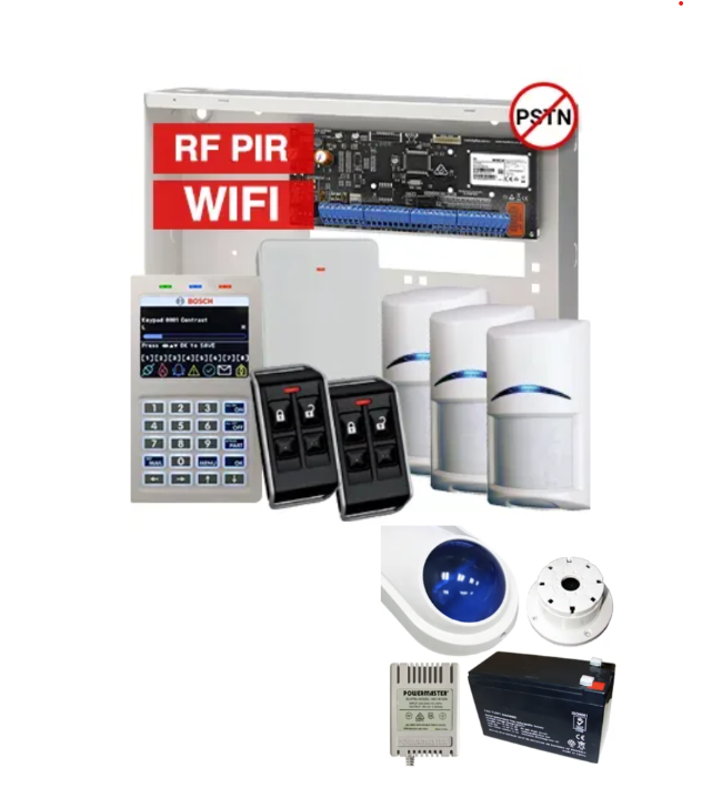 BOSCH Solution 6000 Wireless Alarm Kit – CC615PB IP Panel + CP737B WiFi Prox LCD Keypad + 3x RFPR-12 Wireless PIRs + RFRC-STR2 Receiver + 2x RFKF-FB Remotes + Siren Kit – K6000-IPW-3WPIR