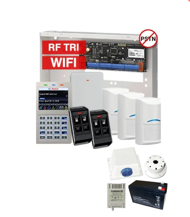 BOSCH Solution 6000 Tritech Wireless Alarm Kit – CC615PB IP Panel + CP737B WiFi Prox LCD Keypad + 3x RFDL-11 Tritech Detectors + RFRC-STR2 Receiver + 2x RFKF-FB Remotes + Siren Kit – K6000-IPW-3WTRI