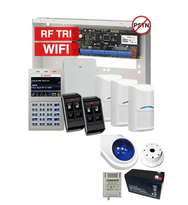BOSCH Solution 6000 Tritech Wireless Alarm Kit – CC615PB IP Panel + CP737B WiFi Prox LCD Keypad + 3x RFDL-11 Tritech Detectors + RFRC-STR2 Receiver + 2x RFKF-FB Remotes + Siren Kit – K6000-IPW-3WTRI