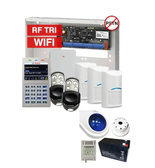BOSCH Solution 6000 Premium Wireless Alarm Kit – CC615PB IP Panel + CP737B WiFi Prox LCD Keypad + 3x RFDL-11 Tritech Detectors + RFRC-STR2 Receiver + 2x HCT4UL Remotes + Siren Kit – K6000-IPW-3WTRI-PREM