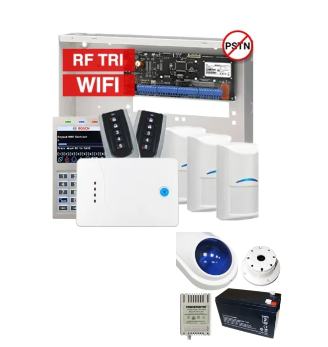 BOSCH Solution 6000 SMART Wireless Alarm Kit – CC615PB IP Panel + CP737B WiFi LCD Prox Keypad + 3x RFDL-11 Tritech Detectors + RF120 Receiver + 2x RF110 Remotes + Siren Kit – K6000-IPW-3WTRI-SMART