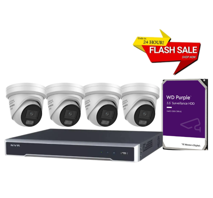 Hikvision 6MP ColorVu Smart Hybrid Light 4-Camera CCTV Kit with DS-2CD2367G3-LIS2UY/SL Turret Cameras, 4-Channel DS-7604NI-M1/4P NVR, and 4TB HDD – Advanced Surveillance Solution