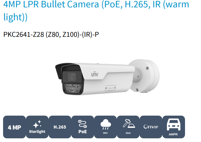 Uniview PKC2641-Z28-P | 4MP LPR Bullet Camera with 2.8–12 mm Lens, Warm Light, H.265, 60 fps, IP67, IK10, PoE ANPR