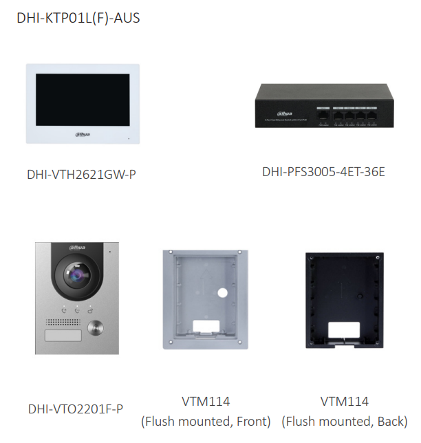 Dahua DHI‑KTP01L‑AUS(Flush) IP Villa Video Intercom Flush Mount Kit, Outdoor Station + 7″ Indoor Monitor + PoE Switch, IP65 Smart Access Control & Two‑Way Audio