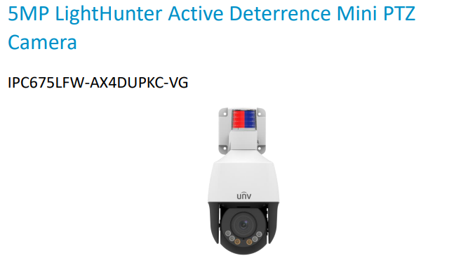 Uniview IPC675LFW-AX4DUPKC-VG 5MP LightHunter Active Deterrence Mini PTZ Camera – Auto-Tracking, 4X Zoom, 50m Smart IR, Built-in Mic & Speaker, IP66, PoE (Easy Series) - CCTV Importers