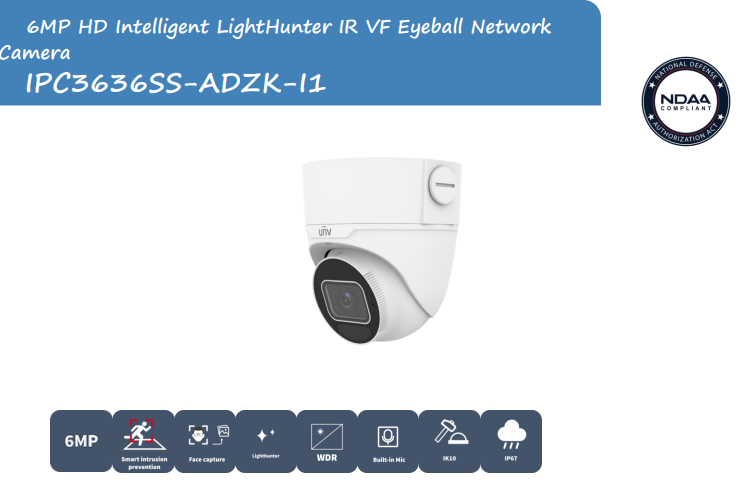 Uniview IPC3636SS-ADZK-I1 6MP LightHunter IR network CCTV camera with eyeball design, Prime Series, showing lens and IR LEDs