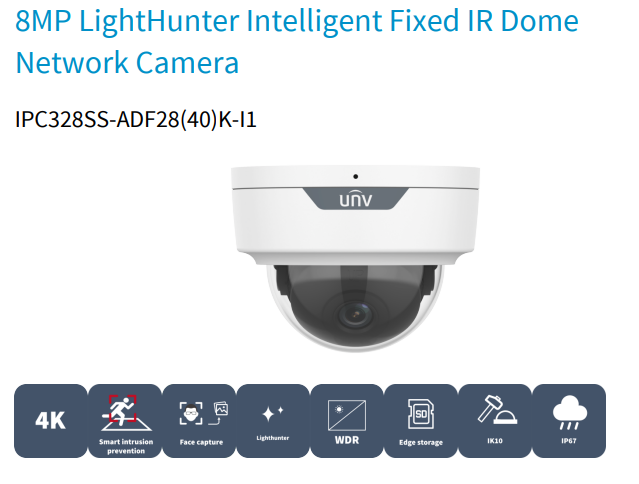 Uniview IPC328SS-ADF28K-I1 8MP LightHunter IR dome camera with Smart IR, perimeter detection, human/vehicle classification, built-in mic