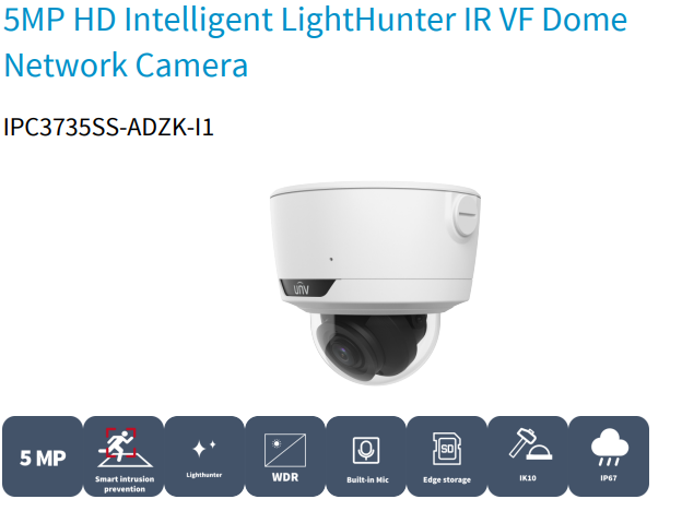 Uniview 5MP LightHunter IR dome CCTV camera with 2.8mm lens, built-in mic, SD card slot, WDR, warm light up to 40m.