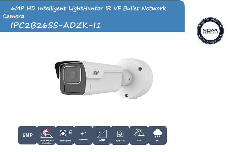 Uniview IPC2B26SS-ADZK-I1 6MP LightHunter IR VF Bullet Network Camera, Smart intrusion prevention, People flow counting, Ultra 265, WDR130dB, IR60m, Built-in Mic, Prime Series