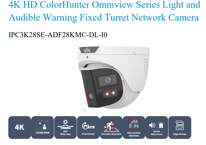 Uniview IPC3K28SE-ADF28KMC-DL-I0 4K 8MP ColorHunter Omniview Turret Network Camera with Warning Light & Speaker, Triguard, Prime-3