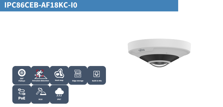 Uniview IPC86CEB-AF18KC-I0 12MP Ultra HD fisheye dome IP camera with 360° view, IR night vision, vandal resistance, and outdoor IP67 rating